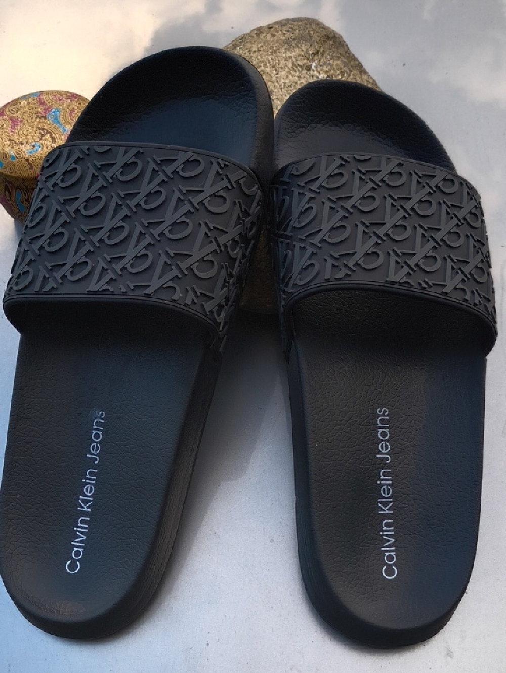 Calvin Klein Jeans Black Monogram Slide Sandals